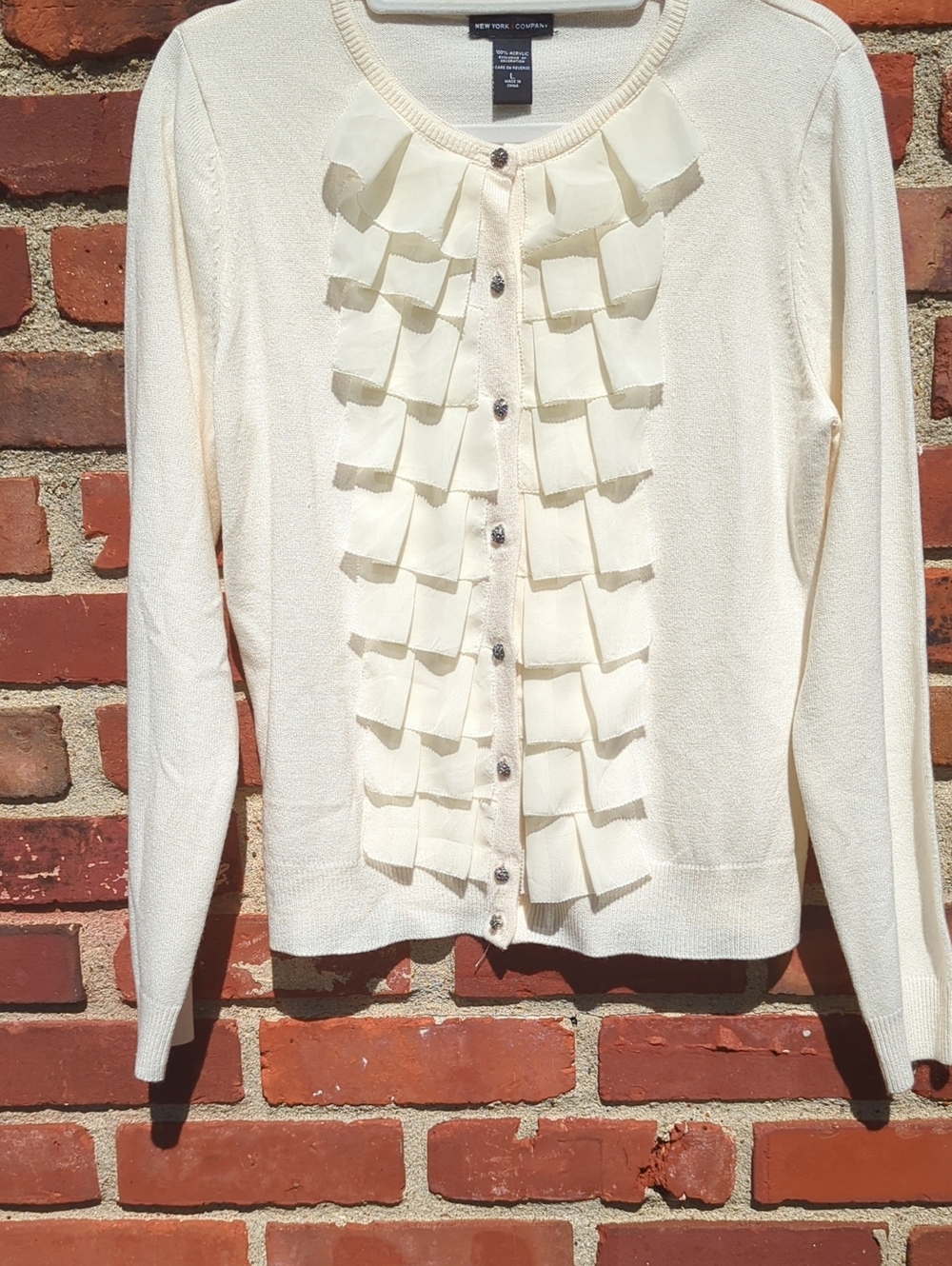 New York & Company Cream Knit Cardigan with Ruffle Trim Ptp 20 In